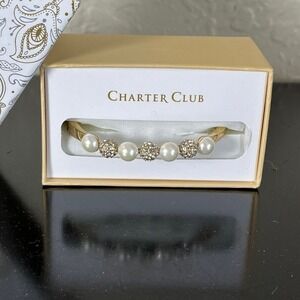 Charter Club Bangle Bracelet OS Gold New Pearl Pave Crystal Hinge Gift Idea